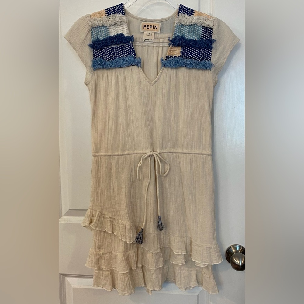 Anthropologie Pepin Mini Dress Boho NWOT Sz 0 Beige/Blue Tiered Ruffle Skirt